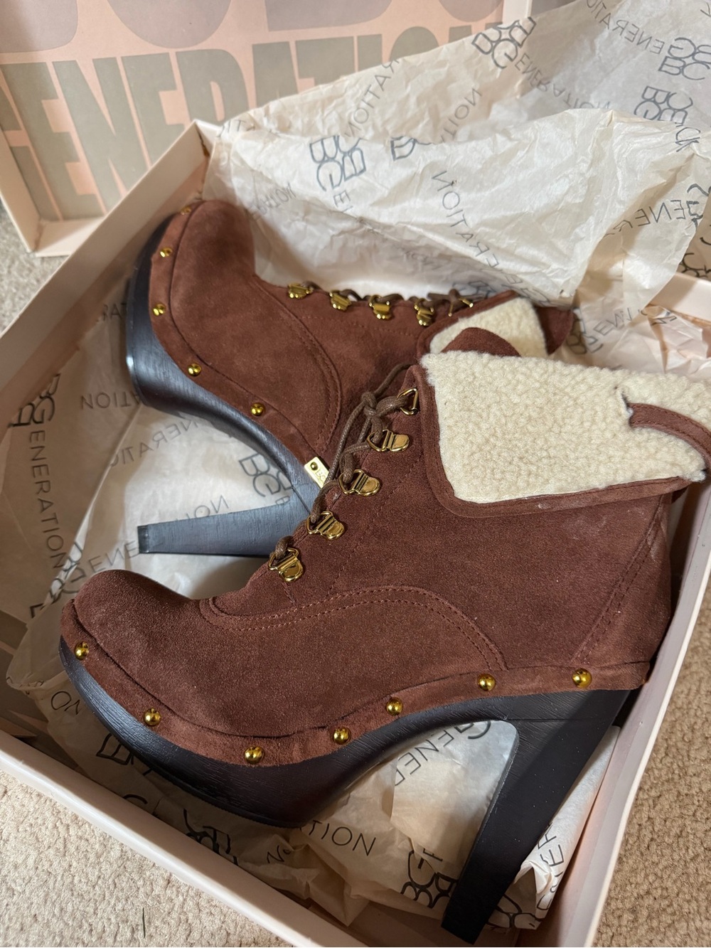 BCBG GENERATION Melo Brown Suede Shearling-Trim Platform Ankle Boots